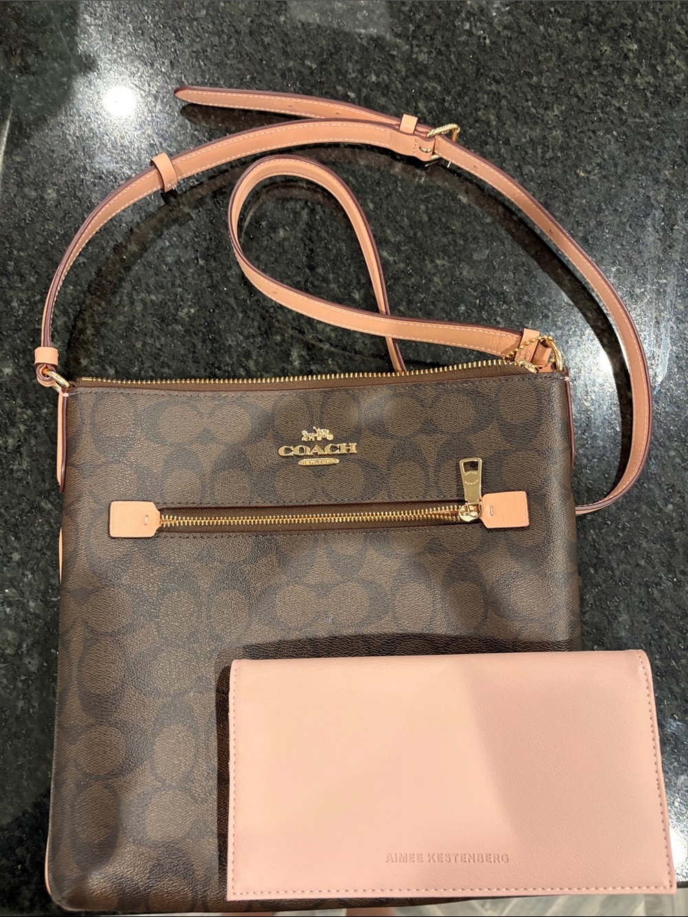 Coach Signature Crossbody Bag in Brown with Pink Trim plus pink wallet